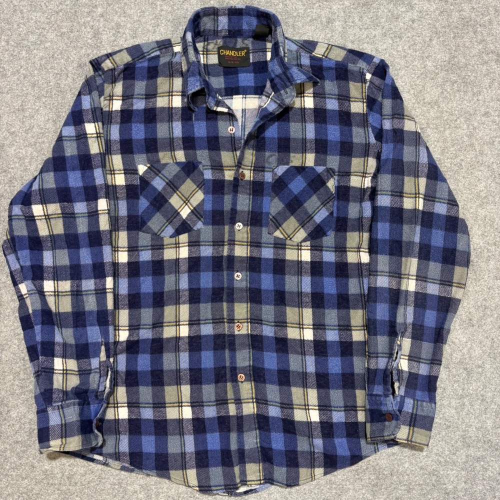 Chandler Mens Blue Gray Plaid Flannel Button Down Shirt Size L Long Sleeve